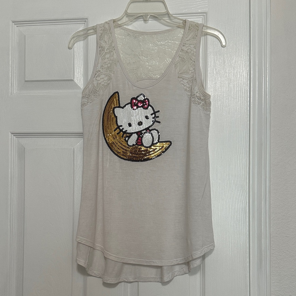 Hello Kitty Women's white Tank Top with sequin crescent moon and lace